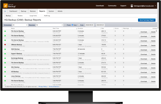 Screenshot des Tabs „Berichte“ von Barracuda Backup